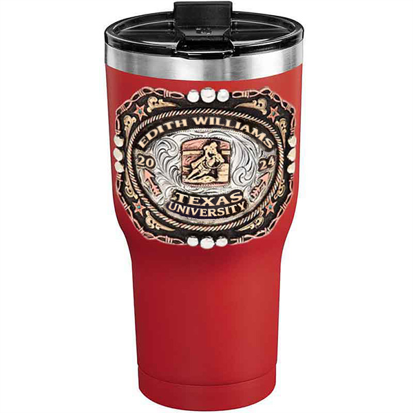 A customized tumbler made of stainless steel with a personalized engraved name and Texas University lettering with barrel racing figure, 30 oz, ideal for coffee or cool drinks